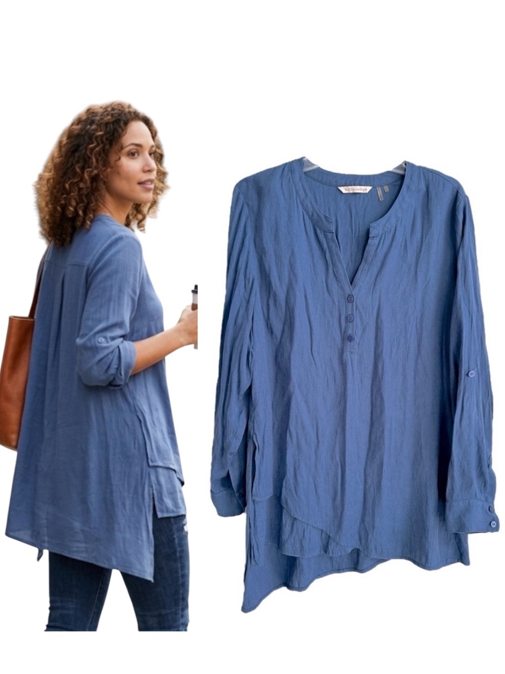 Soft Surroundings Coastal Blue Asymmetrical Pullover Button Lightweight Henley L